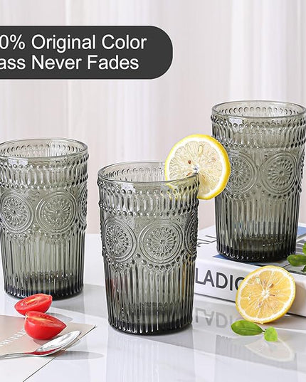 Vintage Glassware Drinking Glasses Set of 6,13 oz Grey Textured Flower Design Glass Water Tumblers，Embossed Striped Drinkware for Water,Cocktails,Juice,Iced Coffee