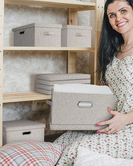 Medium 15" 21 Quart Collapsible Stackable Storage Bins with Lids, 3 Packs Beige Foldable Fabric Closet Boxes Heavy-duty Linen Cube Baskets Container for Bedroom Office (15 x 11 x 8)