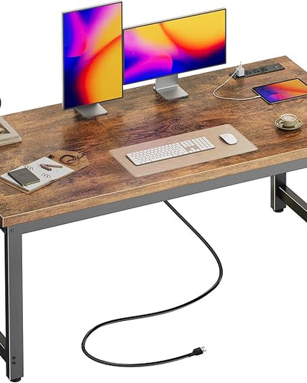 Huuger 55 x 24 inch Desk with Power Outlets & USB-C, Deeper & Thicker Desktop, Robust Metal Tubes, Computer Desk, Heavy Duty Office Desk, Work Gaming Desk for Home Office, Rustic Brown