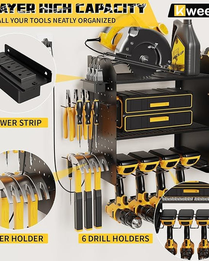 45" Power Tool Organizer Wall Mount with Charging Station - 3 Layer Storage Racks with 8 Cordless Drill Holder, 4 Hooks, Heavy Duty Garage Tool Organizer Storage for Workshop Shed Pegboard Basement