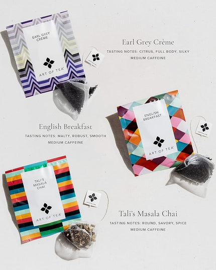 Art of Tea | Assorted Tea Sampler | 12 Count Sampler Box | Breakfast Tea, Earl Grey Creme, Egyptian Chamomile (Non-Caffeinated), French Lemon Ginger (Non-Caffeinated), Green Pomegranate, Mint Green, Tali's Masala Chai, Happy Tea, and White Coconut Creme