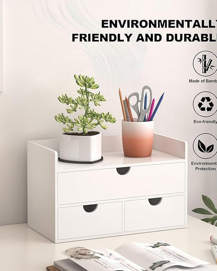 Wisuce Bamboo Desk Organizer - Mini Bamboo Desk Drawer Tabletop Cosmetic Storage Organization for Office or Home White with Shelf