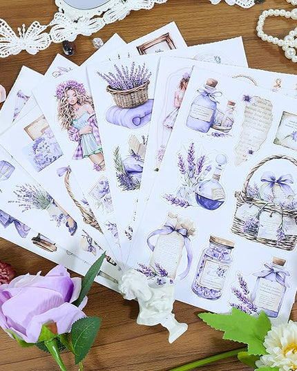 Snycler Sticker Book - 20 Sheets Vintage PET Stickers for Scrapbooking, Junk Journaling, Ephemera, and Decorative Crafts-Song of Lavender