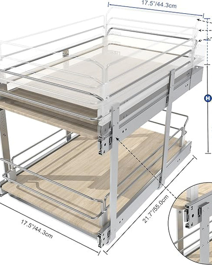 2 Tier Pull Out Cabinet Organizer 18" W X 22" D, Slide Out Drawers For Kitchen Cabinets, Pull Out Drawers For Cabinets Capacity Heavy Duty Caddy, Cabinet Pullout Shelves Wood Chrome, Pantry Storage