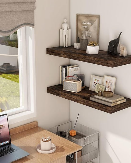 30 Inch Floating Shelves, 12 Inch Deep Floating Shelf for Wall, Rustic Deep Shelves for Books, Bathroom, Living Room, Kitchen, 30 x 12 x 2 Wood Floating Shelves, Rustic Brown Color, Set of 2