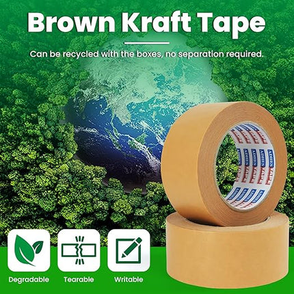 ADHES Kraft Paper Tape, 2 Inch x 44 Yards, 48 Rolls Writable & Uncoated Heavy Duty Paper Tape, Biodegradable Brown Packing Tape for Sealing, Packaging & Moving