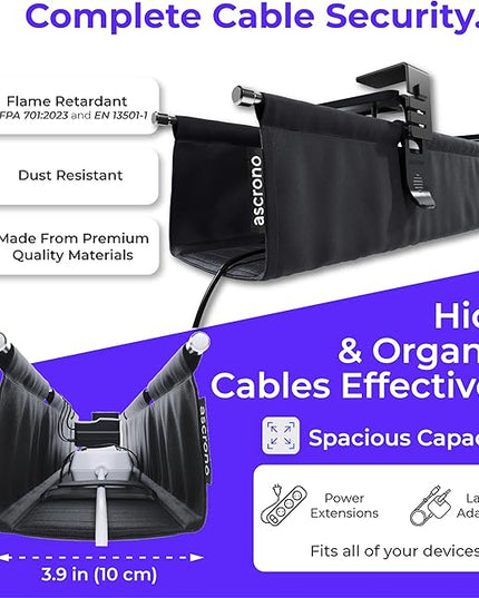 Ascrono Original No Drill Under Desk Cable Management Tray 14.1" - Premium Black Fabric Cable Management Under Desk - Clamp/Screw Mount Cord Organizer - Supports Upto 66lbs