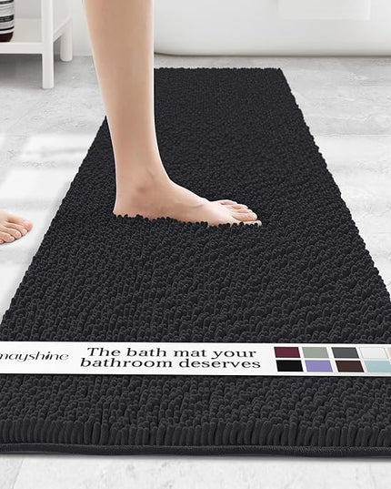 MAYSHINE Plush Shaggy Chenille Bath Mat | Extra Soft, Super Absorbent, Non-Slip Bathroom Rug | Fluffy Microfiber, Area Rug Sets for Bathroom Floor, Kitchen, Living Room | 71"x31" | Black