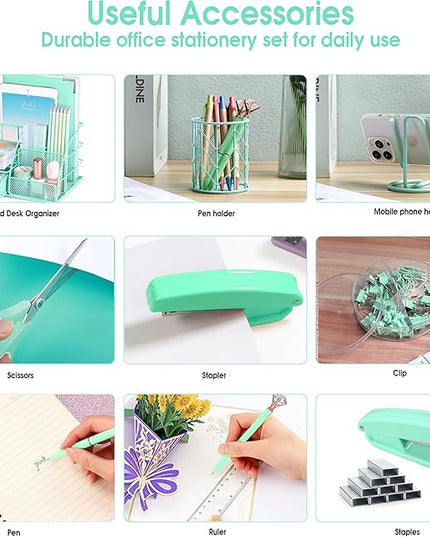 Green Desk Organizers and Accessories Office Supplies Set Stapler, Pen Holder, Phone Holder, Scissors, Pen, Ruler, 30 Paper Clips, 22 Binder Clip, 20 Tacks and 1000pcs Staples