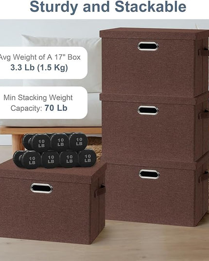 Large 17" 36 Quart Collapsible Stackable Storage Bins with Lids, 3 Packs Dark red Foldable Fabric Closet Storage Boxes with Lids, Heavy-duty Linen Cube Baskets(17x12x11)