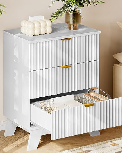 BORNOON 30.5" Nightstand with Charging Station, 3-Drawer Fluted Bedroom Chest, Wood Bedside Dresser with Power Outlets and USB Ports, Metal Slides, Stable Base, Modern Storage Cabinet for Small Spaces