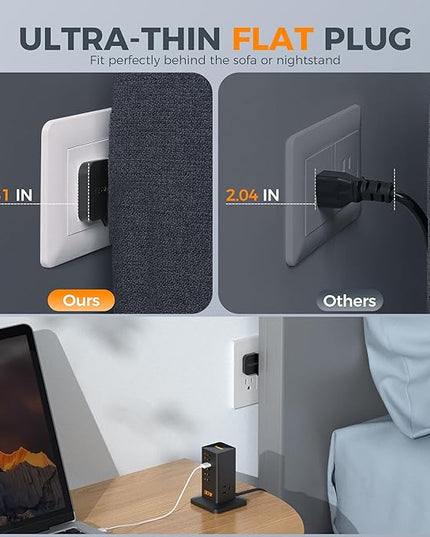 Charging Station 30W, TESSAN 9-in-1 Charger Blocks for iPhone 17/16/15/14, Tablets, Earphone with Surge Protector, 5ft Flat Extension Cord with 4 USB A, and 2 USB C for Home, Office, Dorm, Black