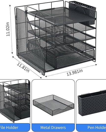 OUTIOE Desk Organizer with Drawer and Pen Holder, 5-Tier Paper Letter Tray Organizer with File Holder, Suitable for Workspace Organizer Office Supplies Storage (Black)