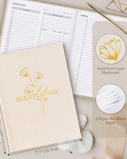 Lanpn Undated Daily Planner Hourly Schedule Notebook, 196 Pages 2 Page per Day To Do List Notebook Notepad Appointment Work Planner, Hardcover Daily Journal Organizer Book For Women 7.7" x 9.3" Beige