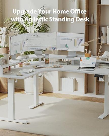 Agilestic L Shaped Standing Desk, Adjustable Height Corner Gaming Desk with Shelf, Sit Stand Up Desk, 63 x 55 Inch Home Office Computer Table, White