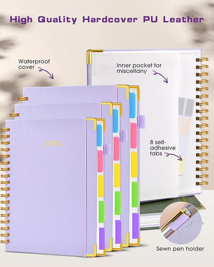 Hardcover Spiral Notebook 8.5"x11" Journal with Removable Dividers Tabs, 300 Pages Leather 5 Subject Notebook College Ruled, Large A4 Notebooks for Work School, Lined Journal for Women, A4 Purple
