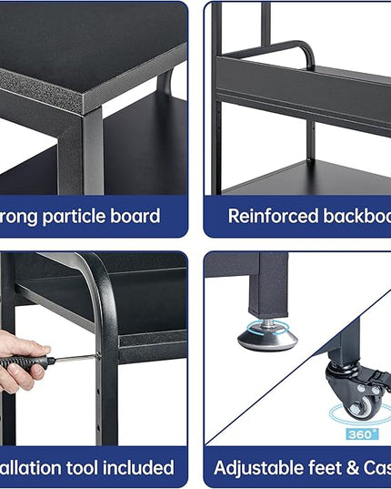 32.3" x 18.9" Extra Large Printer Stand Table with Adjustable Storage Shelf, 3 Tier Rolling Printer Cart with Industrial Wheels for Home Office, Black