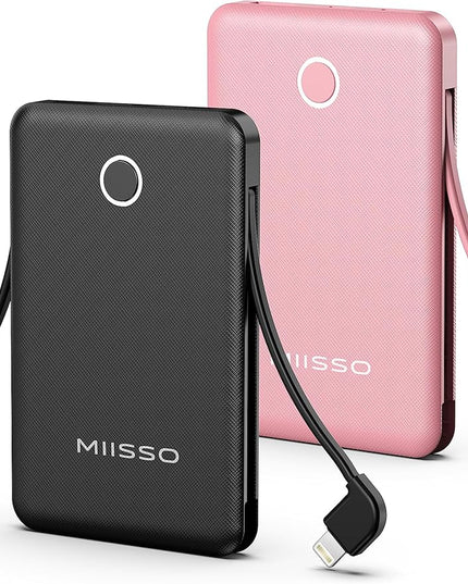 6000mah Ultra Slim Built in Cables Power Bank, Card Size Built in USB C Cords Battery Pack Portable Charger for Phones, 3 Output External Battery Pack Compatible with iPhone, 2-Pack Black & Pink