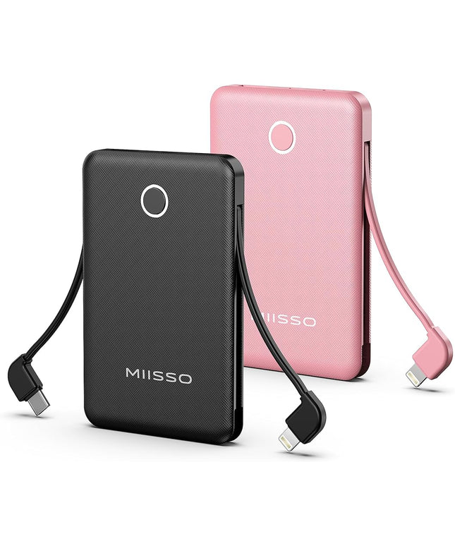 6000mah Ultra Slim Built in Cables Power Bank, Card Size Built in USB C Cords Battery Pack Portable Charger for Phones, 3 Output External Battery Pack Compatible with iPhone, 2-Pack Black & Pink