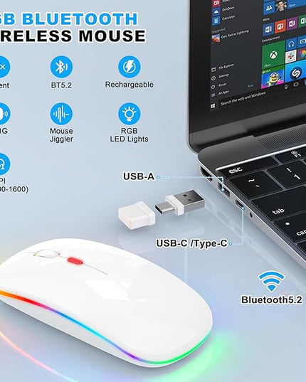 LED Bluetooth Wireless Mouse for MacBook Air Mac Pro Laptop Computer iPad, Rechargeable Silent Light-Up Mouse Jiggler Optical Dual Mode BT5.2 & USB-A/USB-C for Students, Kids, Girls, Boys - White