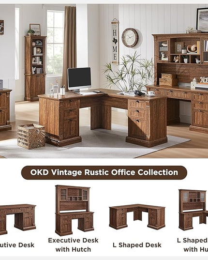 OKD 60" L Shaped Executive Desk with Hutch and Drawers, Farmhouse Home Office Desk with Charging Station, File Cabinet Storage, Wood Corner Computer Desk for Work and Study, Reclaimed Barnwood