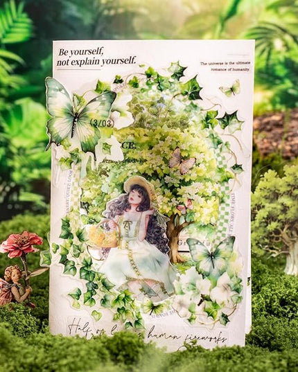 MiyouLuna 120Pcs Forest PET Scrapbook Stickers Botanical Designs for Scrapbooking Waterproof Journaling Supplies Junk Journal Ephemera with Storage Organizer