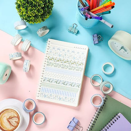 YooNotee 12 Rolls Watercolor Floral Washi Tape Set 15 mm Vintage Flower Decorative Masking Tape for Arts DIY Craft Scrapbook Envelope Party Supplies Gift Wrapping (Dusty Blue,Rose and Hyacinth)