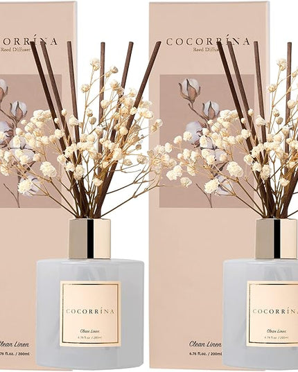 Cocorrína Reed Diffuser Set, 6.7 fl.oz Clean Linen 2 Packs Scented Diffuser with Sticks Home Fragrance Reed Diffuser for Bathroom Shelf Decor