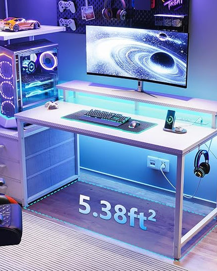AODK 52 Inch Gaming Desk with USB Charging Ports & LED Light- Reversible Computer Desk with Storage Shelves & Monitor Stand, Modern Gamer Desk Table with Fabric Drawers & Side Hook, Carbon Fiber White