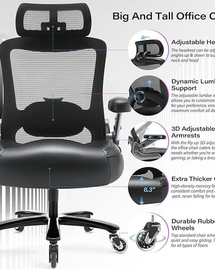 600lbs Big and Tall Office Chair- Heavy Duty Executive Computer Chair with 3D Flip Arms Large Wheels, Ergonomic Mesh High Back Desk Chair, Extra Wide Seat Adjustable Lumbar Support&Headrest