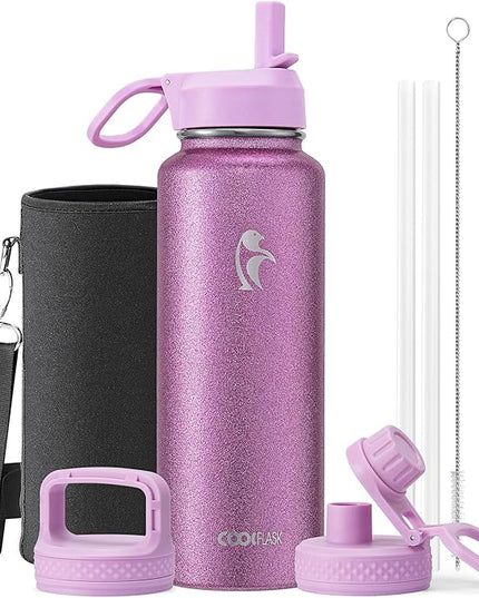 Coolflask Water Bottle 40 oz Insulated with Straw, Stainless Steel Metal 3 Lids Water Flask for Sports or Office, Keep Cold 48H Hot 24H, Glitter Pink