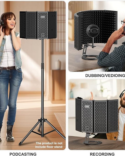 Aokeo Microphone Isolation Shield, Foldable Mic Shield with Triple Sound Insulation, Reflection Filter with 3/8" and 5/8" Mic Threaded Mount for Recording Studio, Podcasts, Singing, and Broadcasting