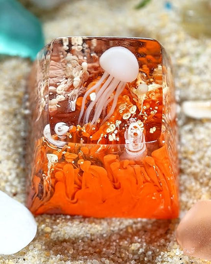 Jellyfish Artisan Keycap Orange and Brown Coral R1 SA Profile Custom Sea Creature Keycaps 1U ESC Handmade Gaming Sea Resin Key Cap Cherry MX Switch Compatible Mechanical Keyboard Jellyfish Lover Gift