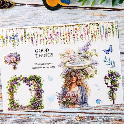 AuriicLeaf Wisteria Garden PET Tape Set, 3 Rolls of Pre-Cut Floral Vine Stickers for Scrapbooking, Journaling, DIY Crafts, and Collage Decoration (30mm/50mm/55mm)