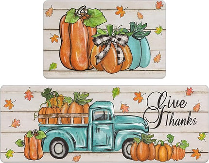 Pauwer Fall Kitchen Rugs Set of 2, Pumpkin Truck Anti Fatigue Kitchen Floor Mat, Non Slip Farmhouse Cushioned Kitchen Mats for Floor, Kitchen Runner Rug Floor Carpet Fall Harvest Thanksgiving Decor