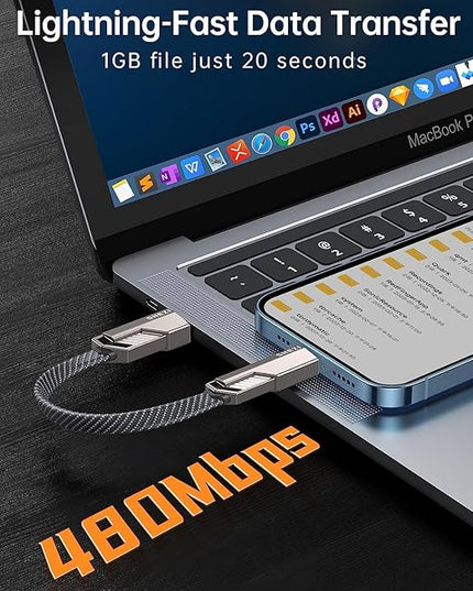SHEZI [Upgraded 2.0] 4-in-1 Short USB C Cable 60W 0.6FT Fast Charging [480Mbps Data Sync] Flat Nylon Braided Charger Cord Combo, USB A/C to C/L Multi Charge Cable for iPhone/iPad & Most Devices, Grey