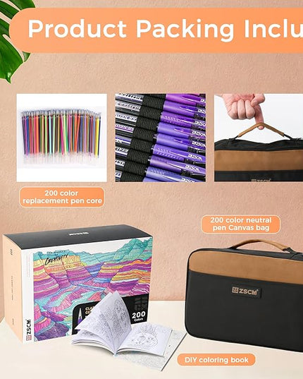 400 Pack Gel Pens for Adult Coloring Book, 200 Artist Colored Pens With 200 Refills, Fine Tip Metallic Glitter Gel Pens for Drawing Doodling Journaling Craft Art Supplies