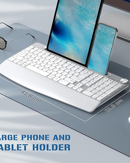JOYACCESS Ergonomic Wireless Keyboard and Mouse, Full Size Wireless Keyboard Designed with Phone Holder and Wrist Rest,Volume Roller for Computer Mac PC Laptop-Silver