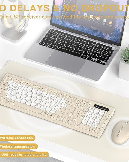Silent Wireless Keyboard and Mouse Combo, Full-Sized Wireless Keyboard and Adjustable DPI Mouse, 2.4GHz USB Receiver, Keyboard and Mouse for PC, Windows, MAC, Desktop, Laptop(Latte-Color B)