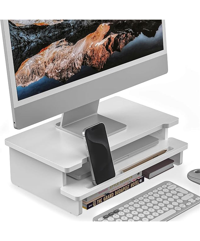 Monitor Stand Monitor Stand Riser for Desk,Wood Desk Shelf Storage Organizer with Phone Tablet Holder (16.5 Inch, White)