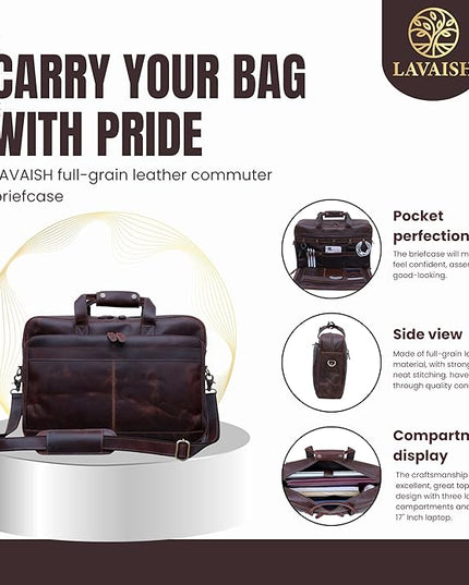 LAVAISH Handmade Full-Grain Leather Briefcase for Men & Women–17" Laptop Bag with Computer Compartment Office Satchel Bag