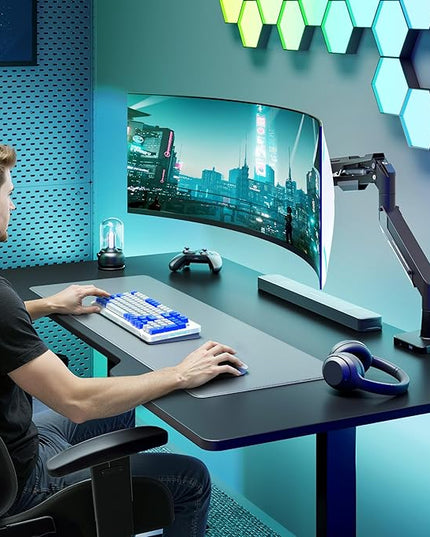 ARES WING Heavy Duty Ultrawide Monitor Arm - Gas Spring Aluminum Monitor Mount with USB for 24"-57" Curved Screens up to 66 lbs with Clamp/Grommet Desk Mount, 75/100/200 Vesa Mount, Black