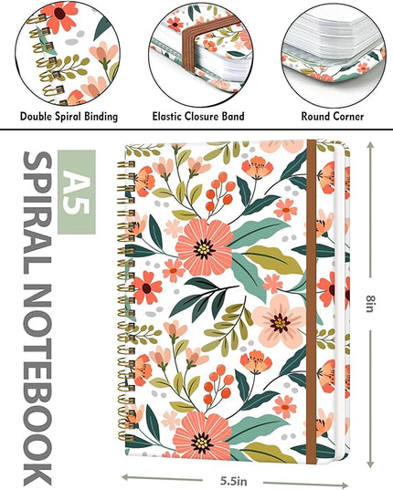 Spiral Journal Notebook for Women, Hardcover A5 College Ruled Notebook, 120 Pages, Thick Paper, Cute Lined Journal for School, Office & Work, 6 x 8.4 in(Cute Pink Flowers)