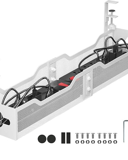 Under Desk Cable Management Tray 24.8", Quszmd Cable Organizer No Drill, Standing Cord Organizer and Wire Management Tray - No Damage to Desk, White