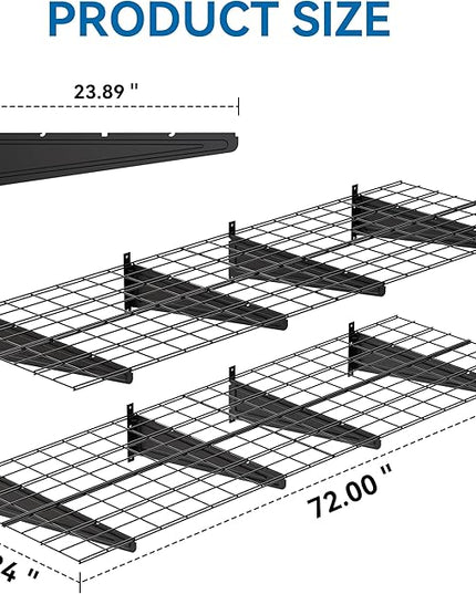 2-Pack 2x6ft Garage Wall Shelving, 24"x72" Shelf Storage Rack Floating Shelves Wall Mounted, Heavy Duty Storage Shelves, 800lbs Load Capacity, with 16 Hooks for Garage Organization, Black