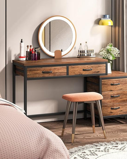 Tribesigns Computer Desk with 5 Drawers, Home Office Desks with Reversible Drawer Cabinet Printer Stand, Industrial PC Desk with Storage, Rustic Study Writing Table Workstation for Small Spaces