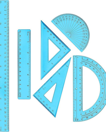 Tenare 1 Set Plastic Clear Math Set Includes Protractor Triangle Rulers 12 Inch 6 Inch Straight Geometry Math Transparent Ruler Measuring Tool for School Office Home Supplies(Blue)