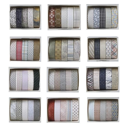 YUBBAEX 60 Rolls Value Washi Tape Pack Retro Arts Masking Tape Basic Patterns Decorative for DIY Crafts, Bullet Journal Supplies, Planners, Scrapbook, Card/Gift Wrapping (Basic Geometry)