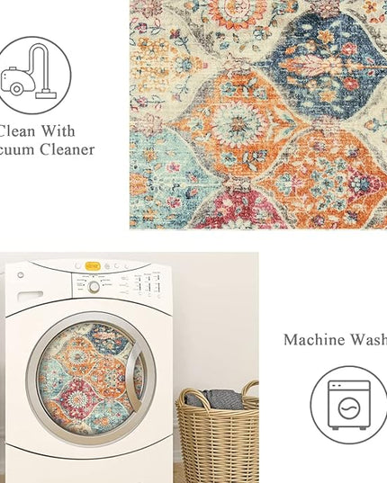 Lahome Moroccan Trellis Washable Small Area Rug, 3x5 Area Rug for Bedroom Living Room, Non-Slip Oriental Accent Throw Carpet for Kitchen Office Entryway Bathroom Office, Cream/Multi