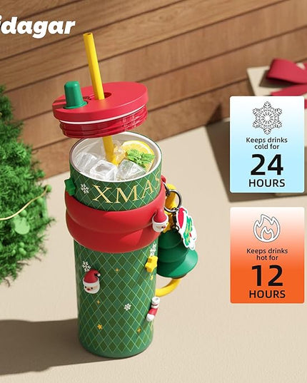 24 oz Christmas Tumbler with Lid and Straw, Insulated Coffee Mug Leak Proof, Portable Iced Water Bottle, Reusable Thermal Coffee Cup, Gifts for Women